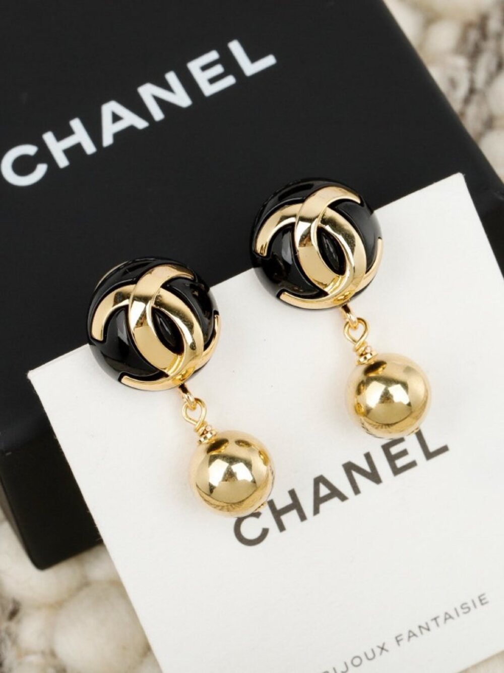 Chanel Gold-Tone Black Enamel Ball CC Stud Earrings